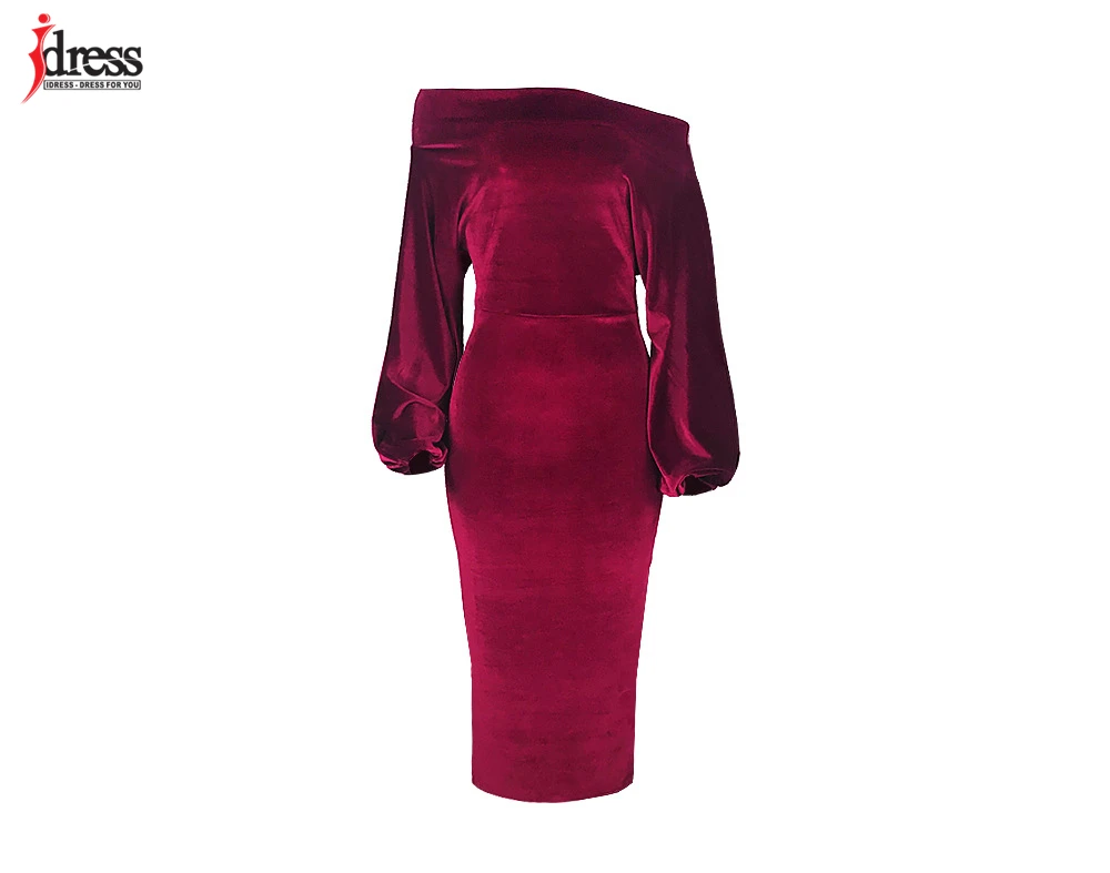 IDress 2020 Sexy Slim Off-Shoulder Nightclub Black Green Red Party Dress Lady Long Sleeve Bodycon Autumn Winter Velvet Dress (8)