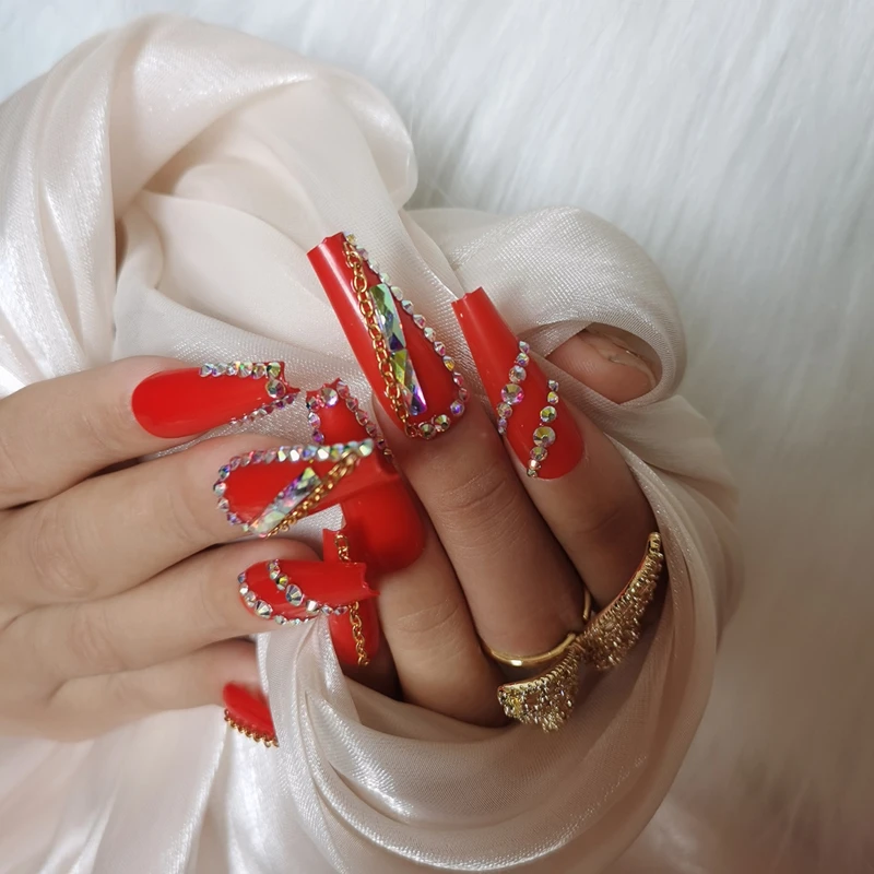 22 New Luxury Jewelry Pure Color Long Ballet Fake Nails Crystal Diamond Sexy Red False Nails Aliexpress