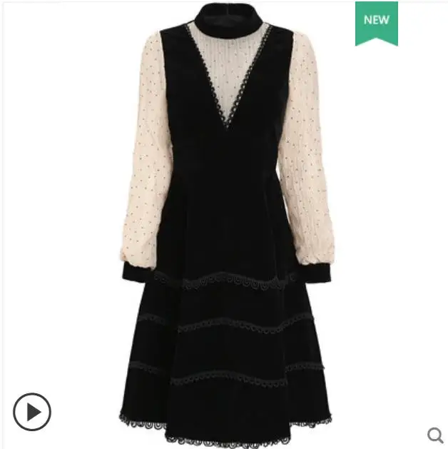 Comprar Vestido de terciopelo negro para mujer nuevo Otoño Invierno 2019 falso de dos piezas con corpiño a juego