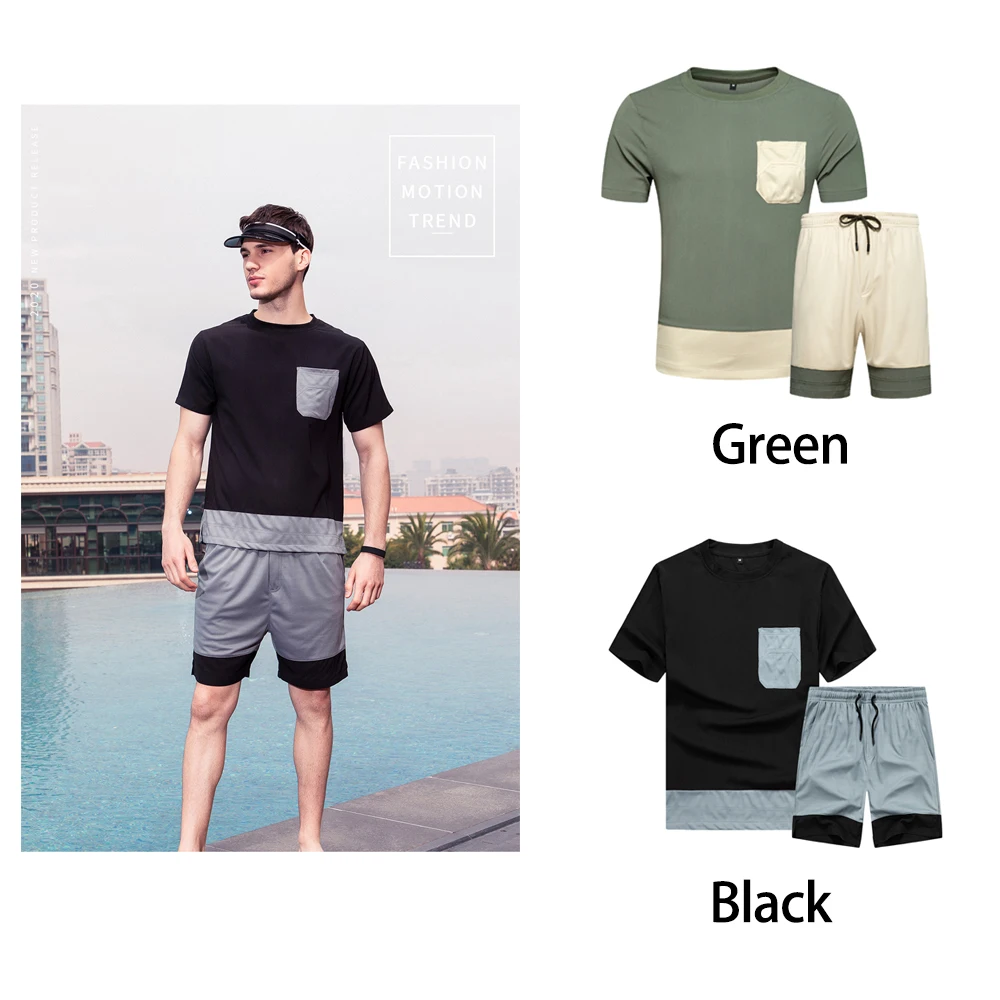 

Men's tracksuits Sets Summer Breathable Gym Tracksuit Color Block Round Collar T-Shirt and Drawstring Shorts 2 Pieces