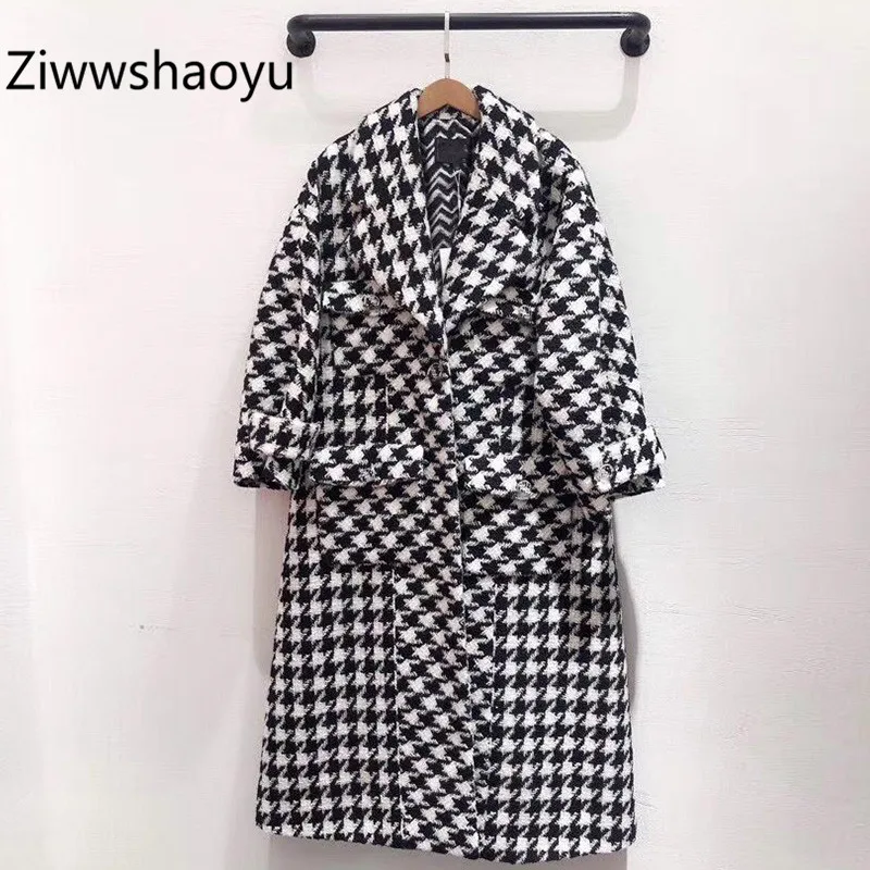 

Ziwwshaoyu High Quality Designer Autumn Winter Black White Plaid Long Sleeve Maxi Overcoat Outwear Women's Clothing