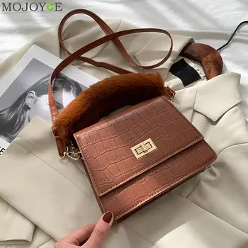

Plush Handle Solid Shoulder Handbag Trunks Women Stone Pattern PU Crossbody Bag Fashion Exquisite Shopping Bag