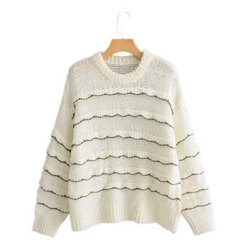

Winter Autumn 2019 Women Striped Sweater Knitted O-Neck Pullover Loose Female Winter Long Sleeve Top Jumper
