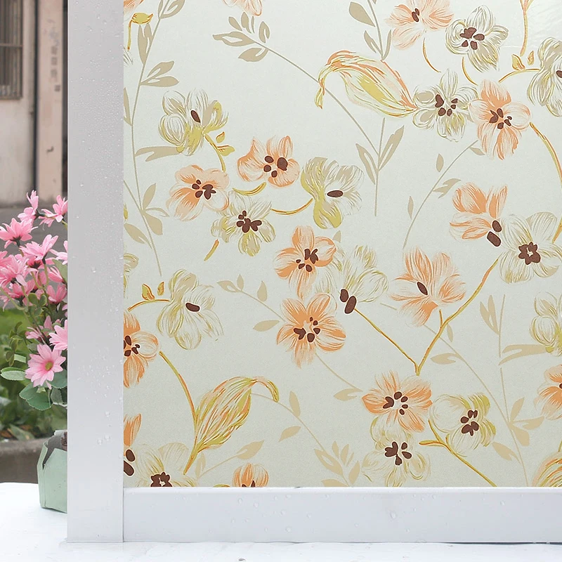 Self-Adhesive Window Covering With Glue Orange Flower Dampproof Private Decorative Glass Sticker For Door Cabinet Table | Дом и сад