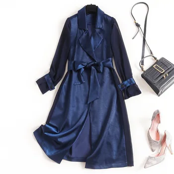 

Women satin trench dress new 2020 spring summer noched collar long sleeve bow sashes a-line patchwork chiffon dresses red blue