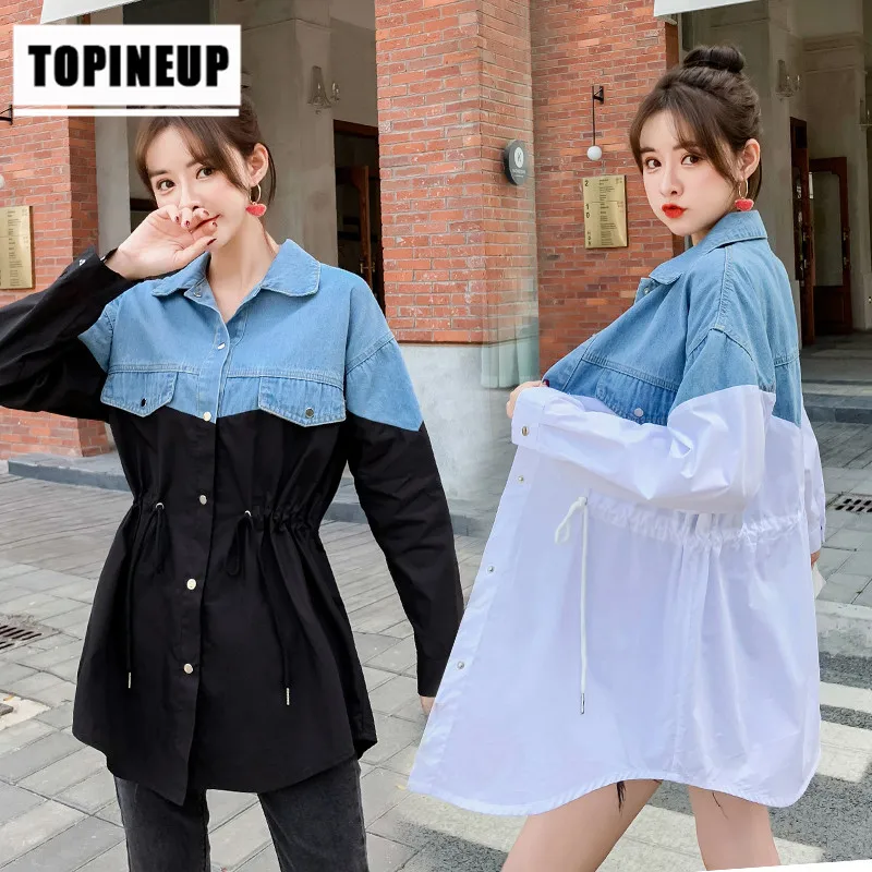 

2020 New Spring Women's Casual wild irregular denim stitching draw rope shirt coat