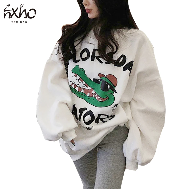 Women Hooded Cartoon Print Crocodile Cute Casual Pullover O-Neck Female Korean Style Loose Tops Girl Clothes Thick Hoodies
