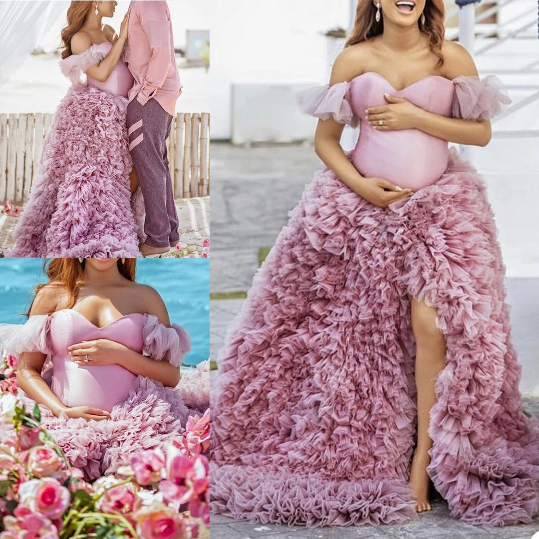 Summer Tulle Maternity Robe For Photo Shoot Custom Made Off Shoulder Lace Tiered Ruffled Tulle Maternity Dresses Maternity Gowns