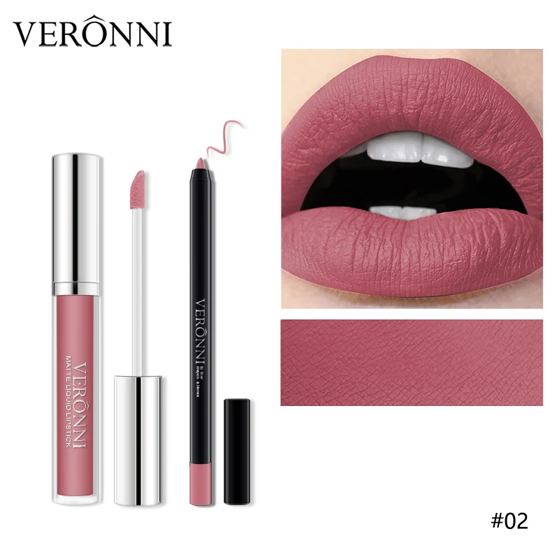 02 VERONNI Matte Lipgloss Sexy Liquid Lip Gloss with Lipliner Long Lasting Waterproof Cosmetic Beauty Keep 24 Hours Makeup lipgloss - Цвет: 02