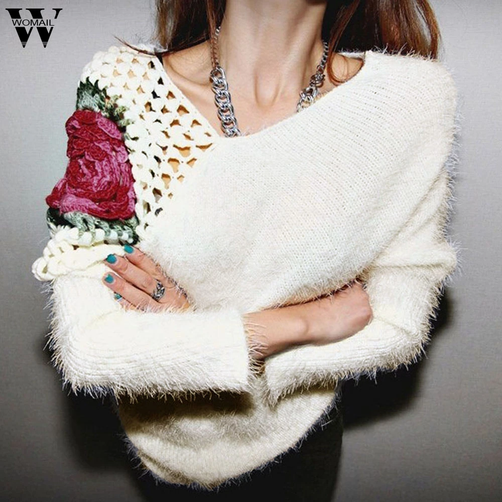 Женский свитер модный с длинными рукавами кружевной вышитыми розами