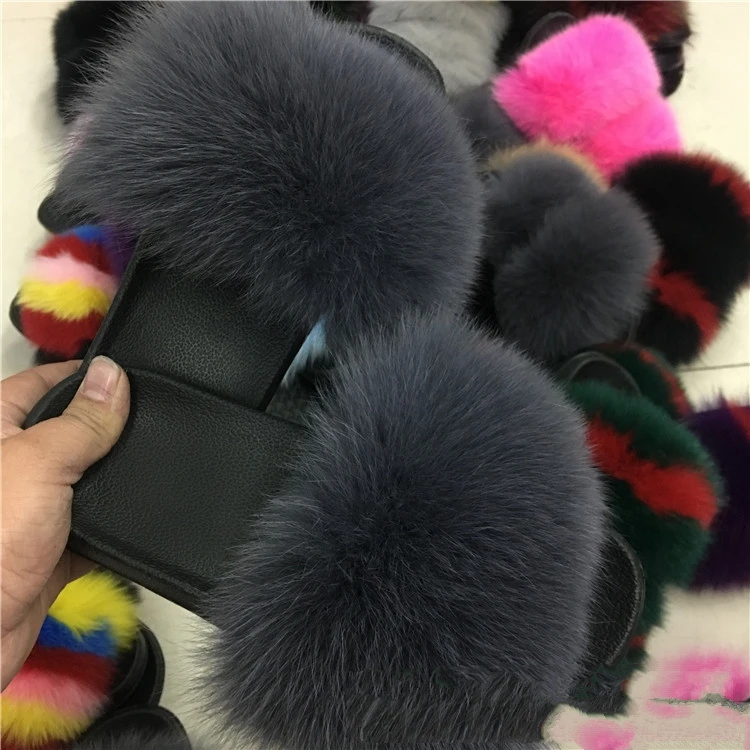 fox fur slippers Г. Летние шлепанцы с натуральным лисьим мехом милые плюшевые лисьи тапочки настоящие лисы Роскошные модные пляжные шлепанцы Размер 36-45 - Цвет: fox fur slippers