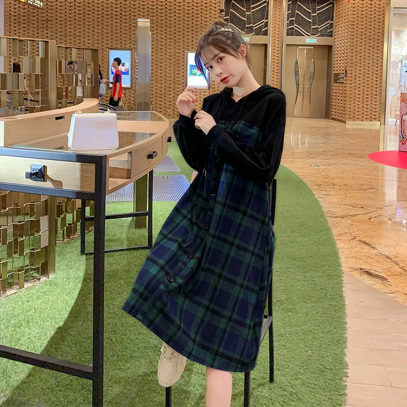 

Maternity Clothes 2019 Autumn And Winter New Style Plaid Stitching Hoodie Pregnant Women Dress Mid-length