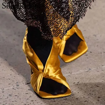 

New Style T-Show Silk Peep Toe Sandals Woman Square Toe High Heels Summer Gladiator Runway Party Shoes zapatos de mujer
