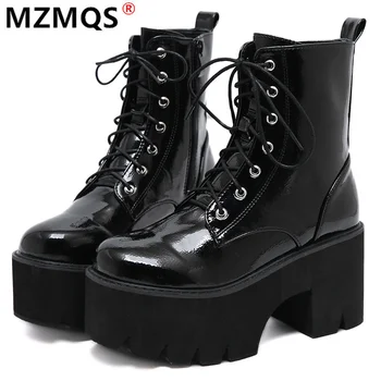 

Woman Lace Autumn Boots Womens Ladies Chunky Wedge Platform Black Patent Leather Ankle Boots Punk Goth New Arrival 2020
