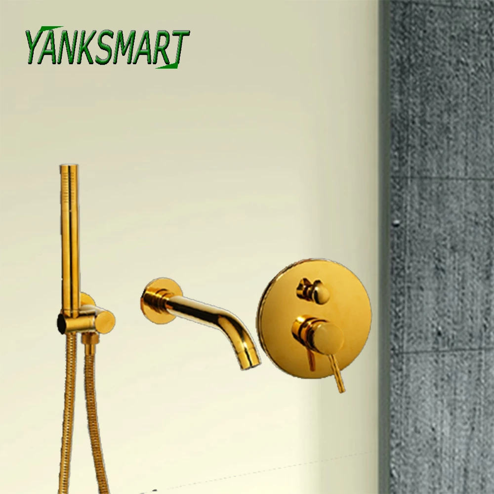 

YANKSMART Golden Plated Bathroom Faucets Shower Set Faucet Wall Mounted Bathtub 2 Functions Mixer Shower Set Hand Spray Tap
