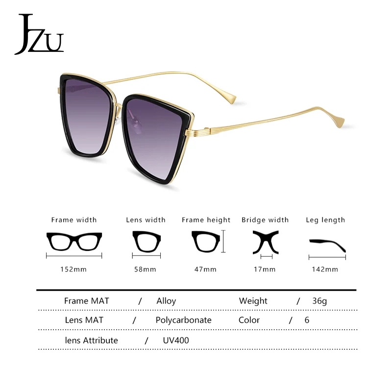 JZU, новинка, фирменный дизайн, Cateye, солнцезащитные очки для женщин, Ретро стиль, металл, черный цвет, солнцезащитные очки для женщин, зеркальные, большие, UV400