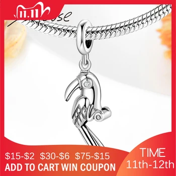 

925 Sterling Silver Woodpecker Animal Pendant Clear CZ Beads fit Original Charms Bracelets Women Jewelry Making