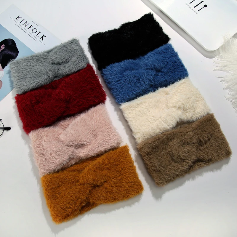 CN Knot Warm Ear Mink Fur Headbands Solid Cross Winter Hairbands For Womens Girls Daily Headband Elastic Turban Hair Accessories