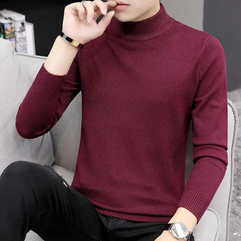 Men Turtleneck Sweater Autumn Winter Solid Color Casual Sweater Men's Slim Fit Knitted Pullovers Bottoming Jumper