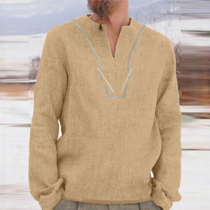 Мужские топы, рубашки, пляжные, Осенние, с длинными рукавами, Boho, модные, вечерние, v-образный вырез, ретро, однотонные, Metropolis