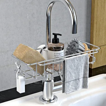 

Stainless Steel Sink Storage Rack Adjustable Faucet Clip Hanging Holder Soap Sponge Dish Drainer Shelf Bath Kitchen Organizer