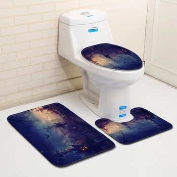

Halloween Party Toilet Seat Cover Shower WC Rug Mat Graveyard Witch Printed Bathroom Carpet Flannel Bath Mat Set for Home Decor
