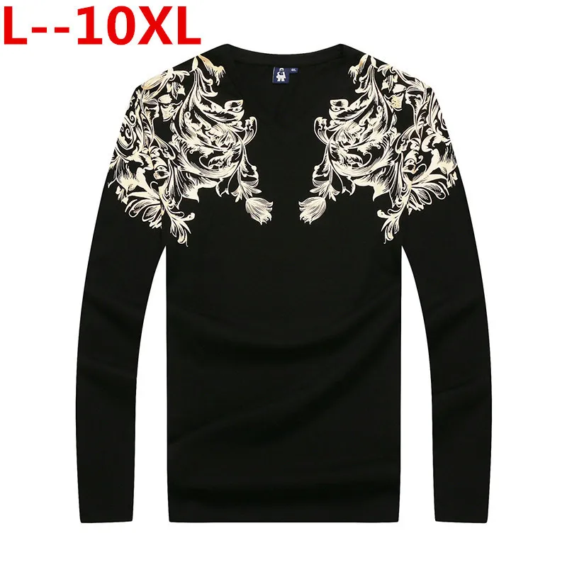 Big size 10XL 8XL 6XL Casual T-shirts Men Long Sleeve Patchwork Design Streetwear Trend V-neck Plus Size Tshirt Mens Clothing | Мужская