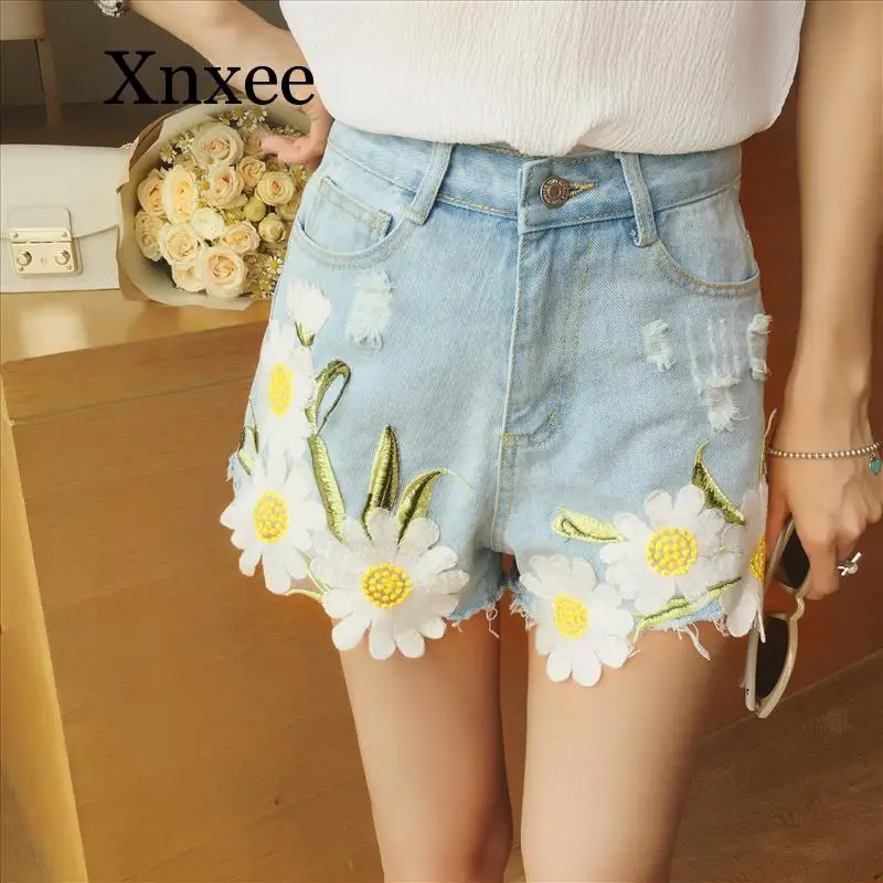 Floral Embroidery Denim Shorts Women Summer  Wide leg Jeans Short Pants blue short bottom sunflower flower beach summer