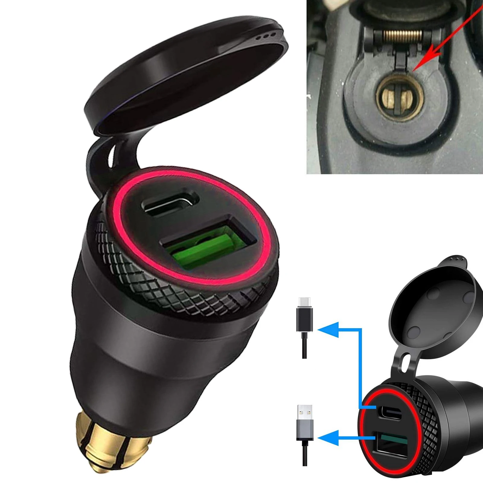 Toma de corriente USB para motocicleta BMW, adaptador de enchufe DIN, LED rojo resistente al agua, tipo C cargador de enchufe - AliExpress