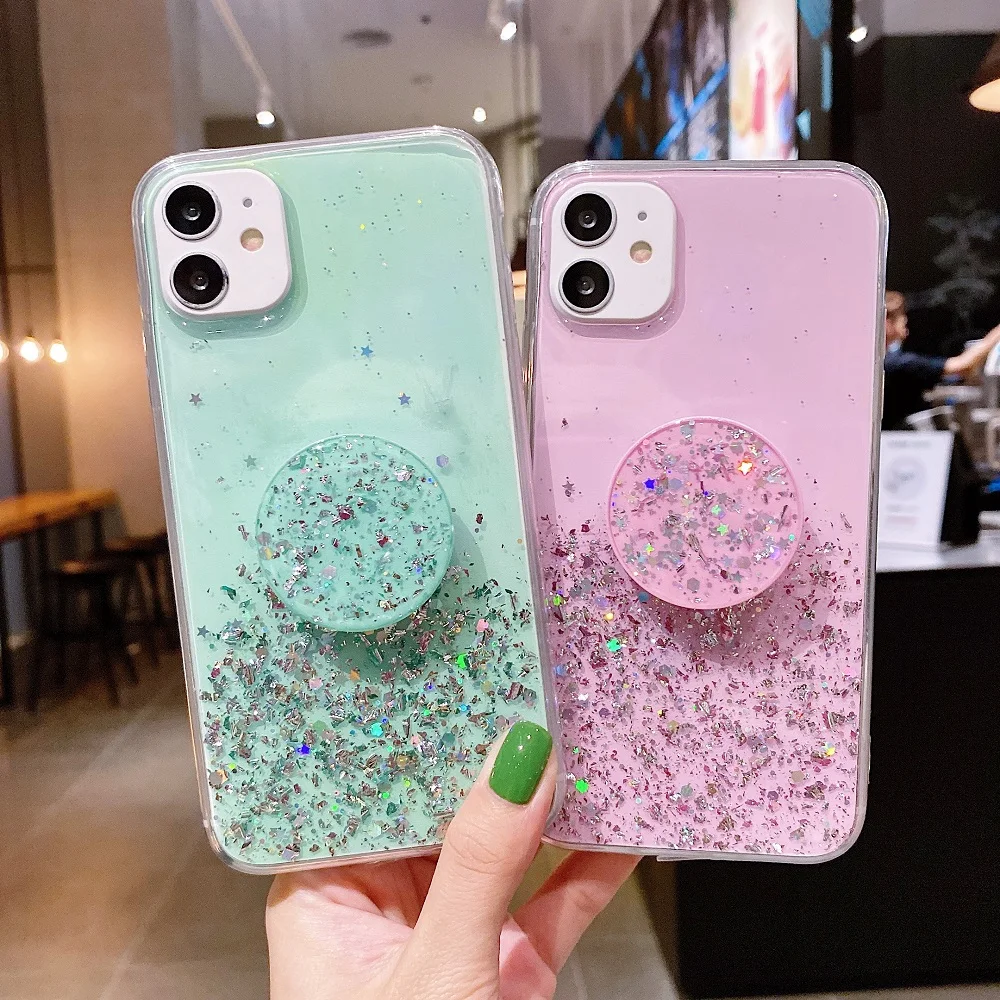 Stand Holder Glitter Case For Vivo X60 X50 X30 X9 X9S X27 Pro X20 V15 V17 V19 V20 SE V21 V21E V5 V7 V9 Plus Silicone Clear Cover