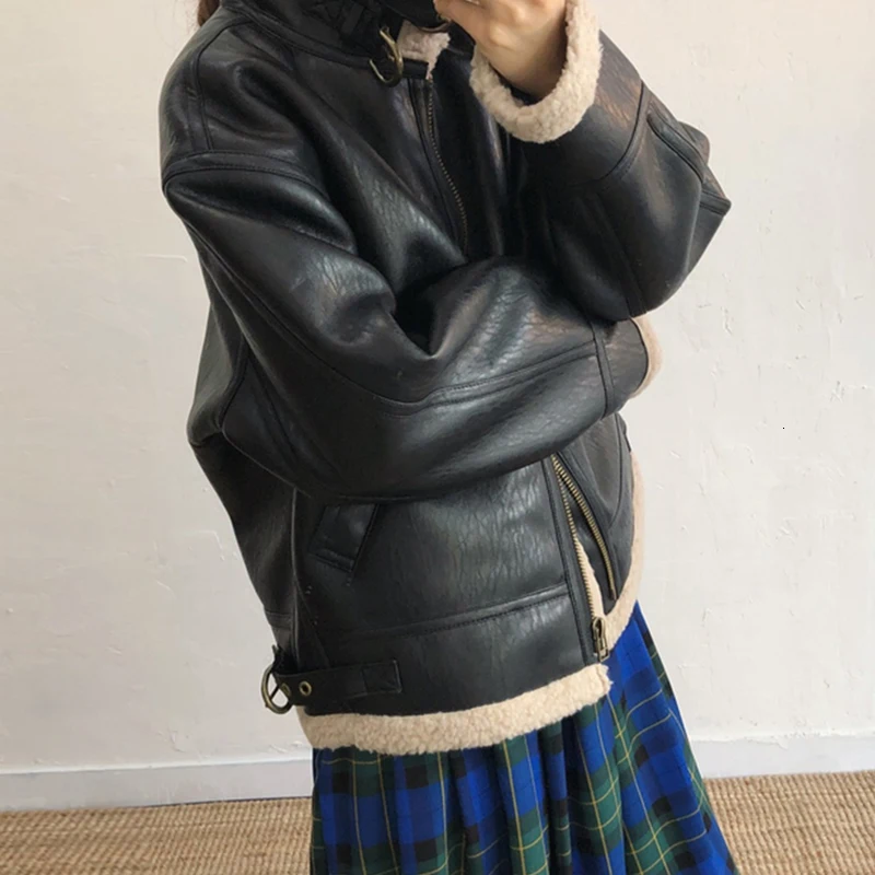 SHENGPALAE Chic Autumn Winter Coat Handsome Keep Warm Lamb Jacket Leather Loose Coat Korean Fashion Woman Clothing FV683