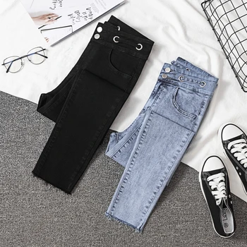 

2020 New Woman Skinny Jeans High Waist Black Solid Denim Pencil Pants Elastic Waist Female Korean Style Street Wear Woman Cloth