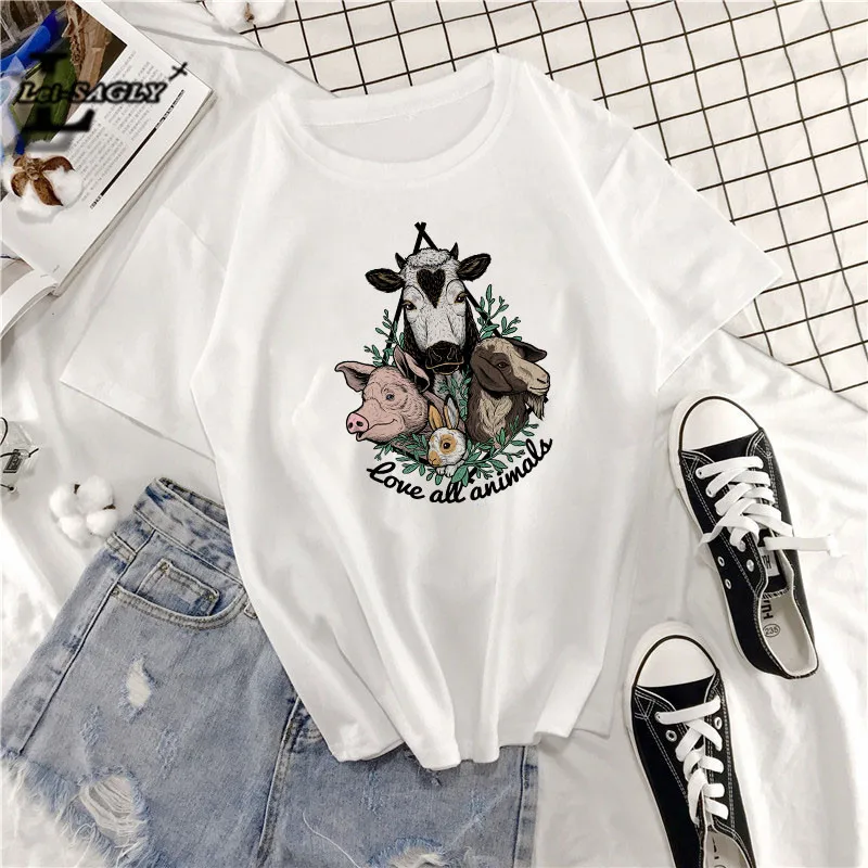 Lei SAGLY Vegan Love Женская футболка Любовь Все животные Harajuku Kawaii рубашка Корейская одежда Ulzzang негабаритная уличная