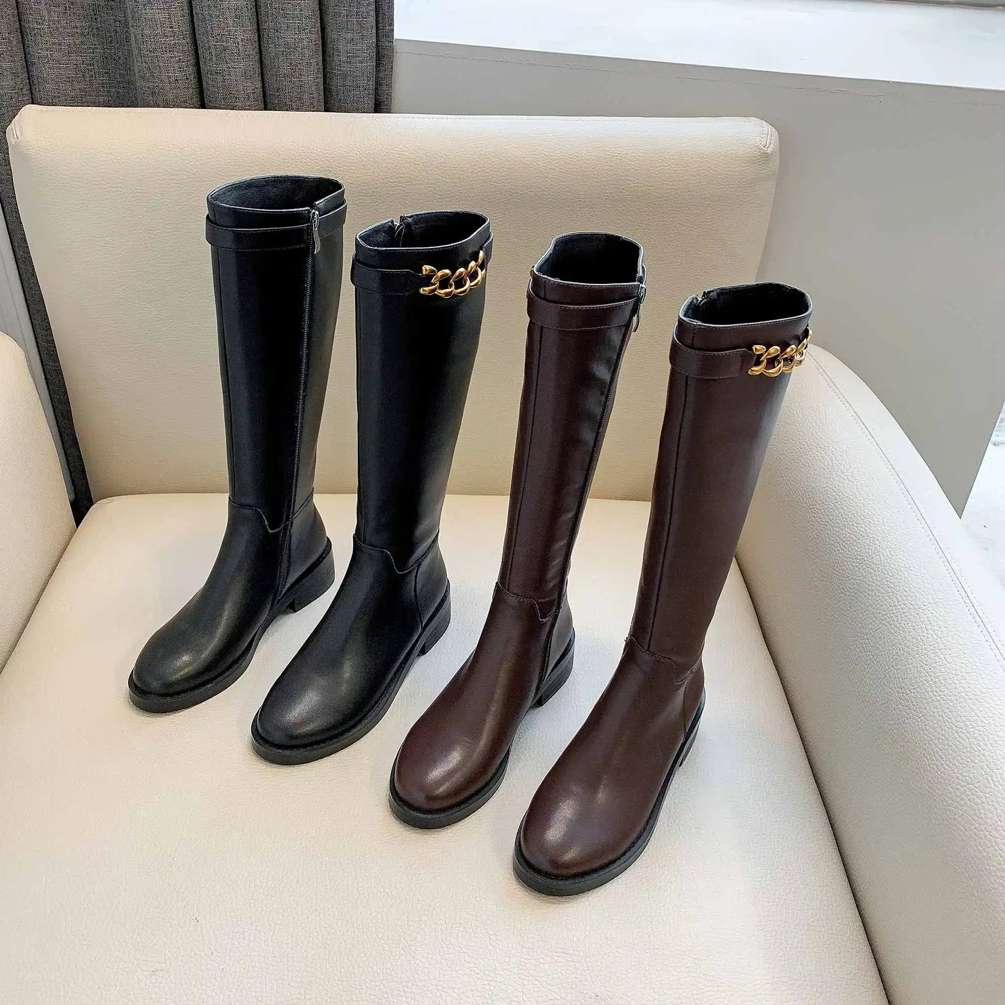 Brand riding boots women's motorcycle boots genuine leather metal chains med-heels gorgeous knee high boots women knight boots