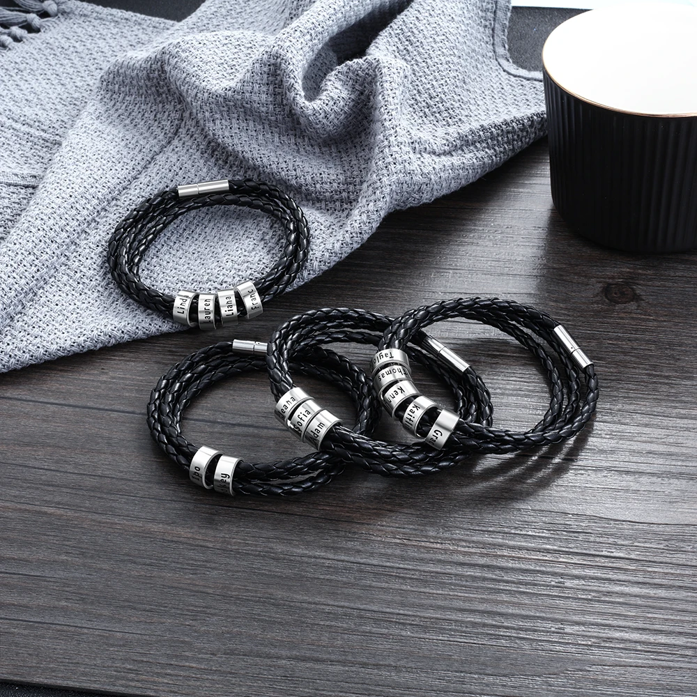 

Personalized Black Braid Rope Leather Bracelet with 2-5 Small Beads Custom Name Bracelets for Men Wrap Wristband