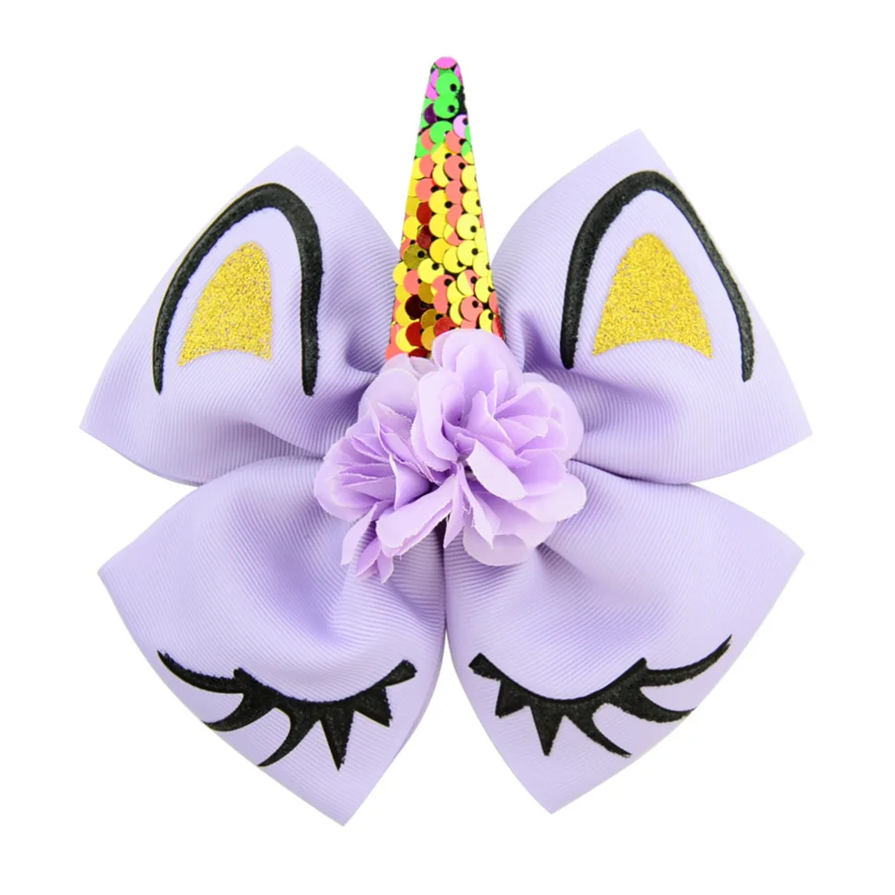 KY03 Glitter Hair Grip With Unicorn Horn for Little Girls Sequin Hair Bowknot School Kids Party Hairgrips Baby Hair Accessorie