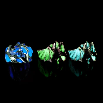 Adjustable Gothic Punk Noctilucent Dragon Rings Vintage Silver Plated Luminous Glow In the Dark Pterosaur Ring for Men Halloween