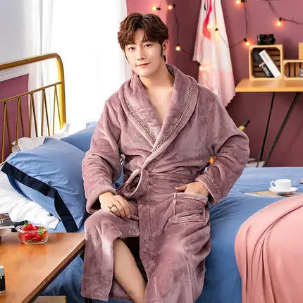 purple men Couple Nightgown Autumn and Winter Thickening Bathrobe Men's Flannel Sleepwear Coral Fleece Plus Long Ladies Plus Velvet Robes - Цвет: purple men