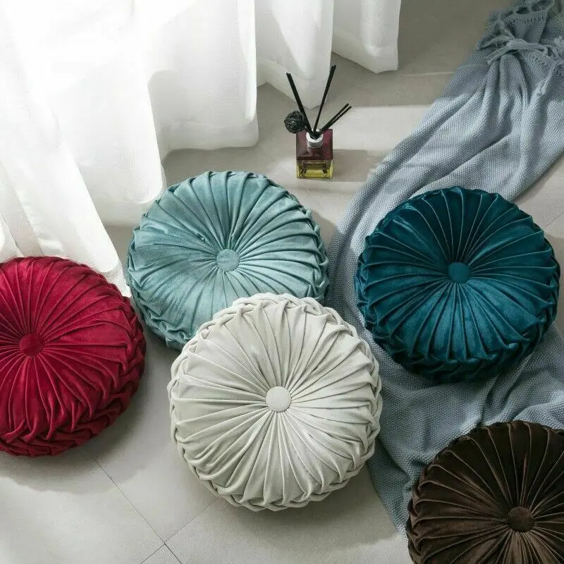 Newest-Home-Textile-Velvet-Pleated-Round-Solid-Color-Cushion-Pouf-Throw-Home-Soft-Cushion 4