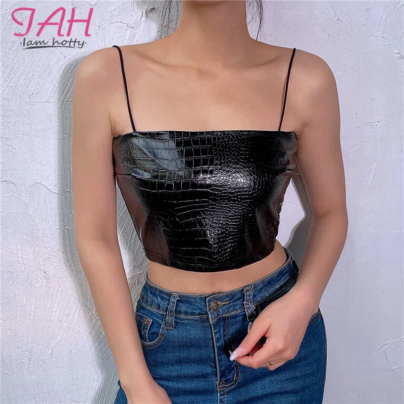 IAMHOTTY/черная сексуальная майка из искусственной кожи с открытой спиной, с открытыми плечами, короткая женская майка, спагетти, Srtap, вечерние клубный кроп-топ