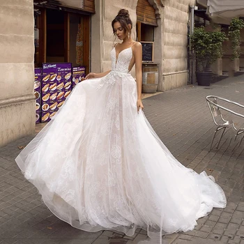 

LORIE A Line Backless Wedding Dress 2019 Sexy Spaghetti Straps Bridal Dress 3D Lace Flowers Fairy Beach Wedding Dresses