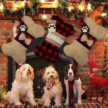 

Cute Bone Plaid Christmas Stocking Buffalo Hanging Puppy Dog Christmas Stocking With Large Paw For Christmas Decorations
