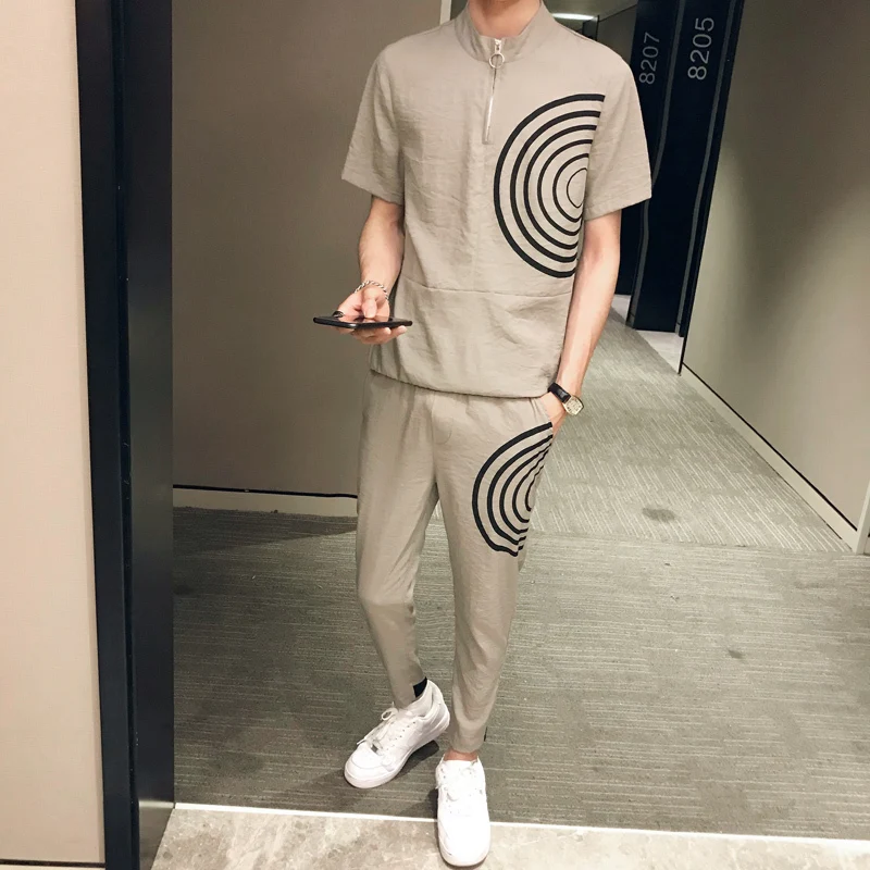 Zomer Chinese Stijl Effen Kleur Erkek Giyim Mode уличная одежда Ropa De Hombre комплект Mannen футболка+ Broek комплект из 2 предметов heren Kleding