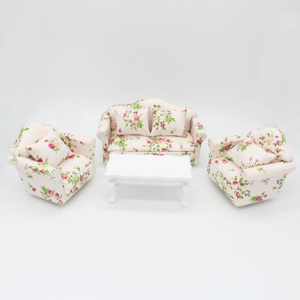 Doll's House Miniatures Living Room Furniture Set Floral Sofa Couch End Table Kits 1:12
