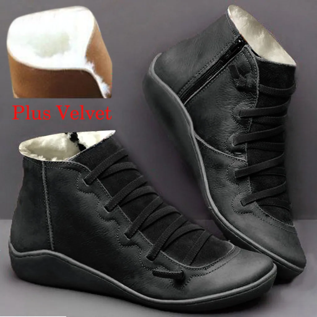 Ботильоны с ремнем женские повседневные кожаные ботинки на плоской подошве в стиле ретро на шнуровке ботинки с круглым носком и боковой молнией#4 - Цвет: R