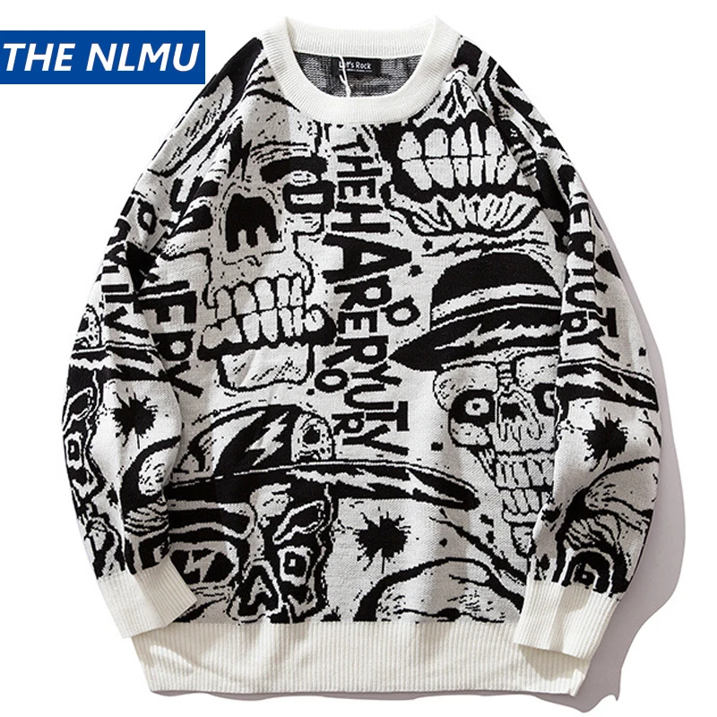 

2019 Mens Sweaters Skull Print Streetwear Pullover O-neck Long Sleeve Hip Hop Men Autumn Harajuku Couple Sweaters Loose HZ137