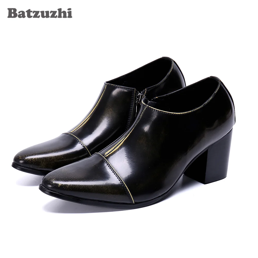 

Batzuzhi 7cm High Heel Men Shoes Pointed Toe Leather Ankle Boots Slip on Botas Hombre Party and Wedding Bota Masculina!Big US12