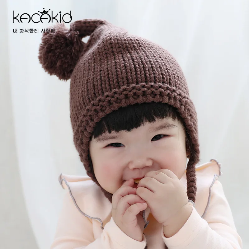 

Autumn And Winter New Style Infant Bay Hat Set of Head Cap Baby Solid Color Hat Men And Women Ball Braid Yarn Warm Hat 2060