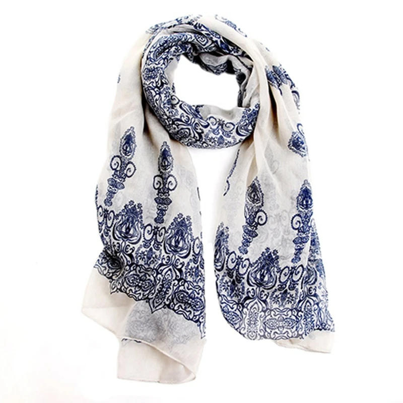

Women's Spring Autumn Fashion Creamy White Soft Big Long Scarf Vintage Printing Scarves 150*70cm.
