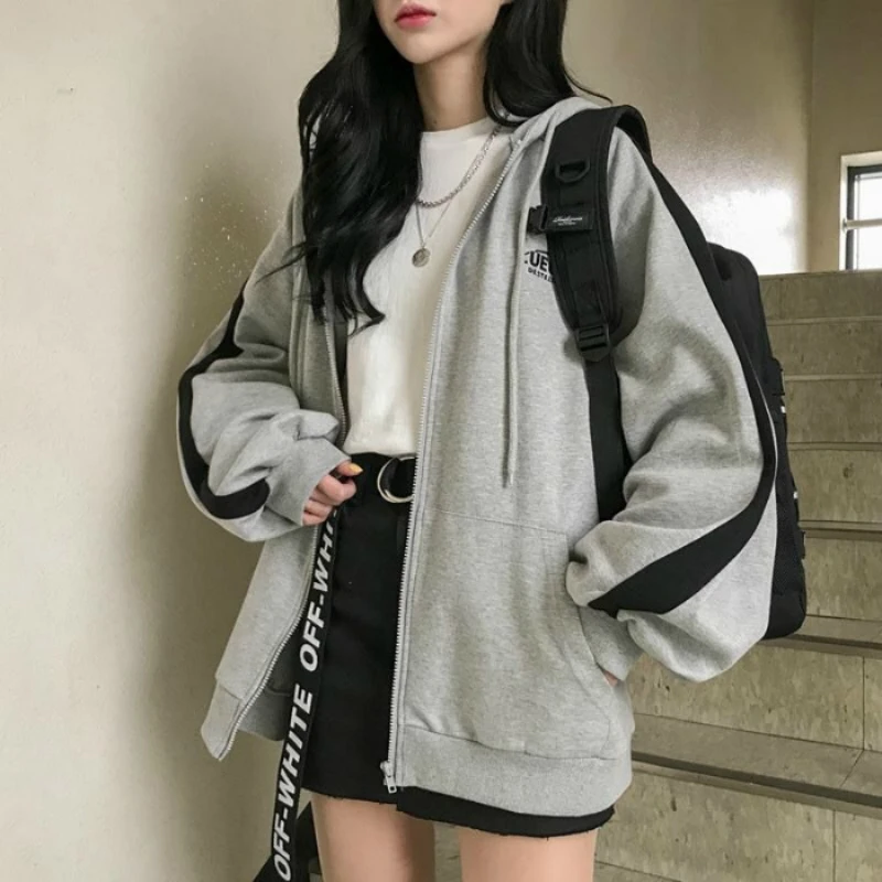 Harajuku толстовка с капюшоном весенние хлопковые толстовки женские повседневные свободные серые корейские Стильные топы на молнии женские Kpop уличная одежда